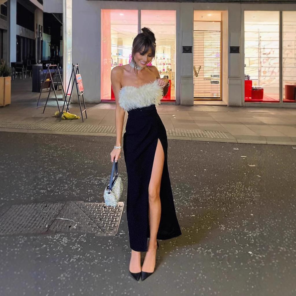 Europe and the United States Autumn Popular Sexy Babes One Word Shoulder Hairy Tube Top Slit Dress Women