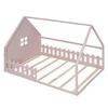 Letto basso, 140*200 cm, letto per bambini, sponda a casetta, ringhiera, legno di pino, rosa