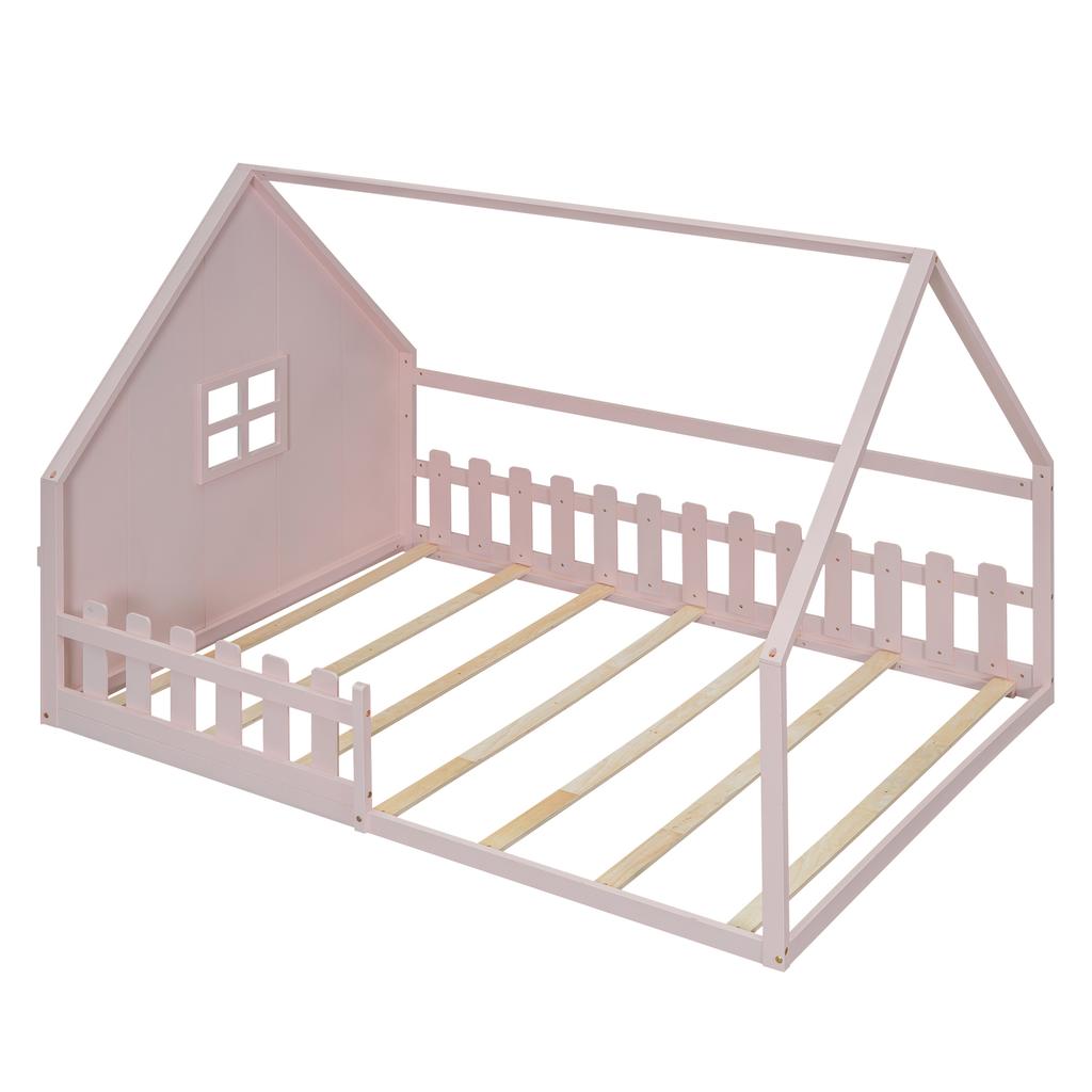 Letto basso, 140*200 cm, letto per bambini, sponda a casetta, ringhiera, legno di pino, rosa