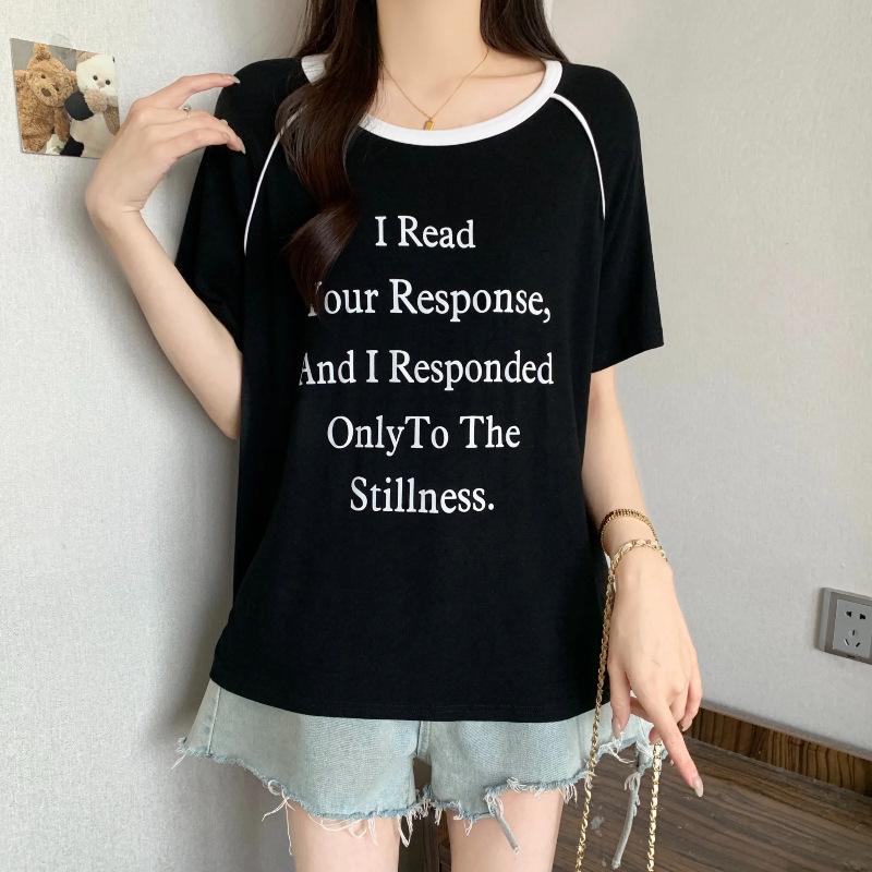 

2026 Summer Plus Size Slimming Black T-shirt with Letter Design - Short Sleeve L чёрный