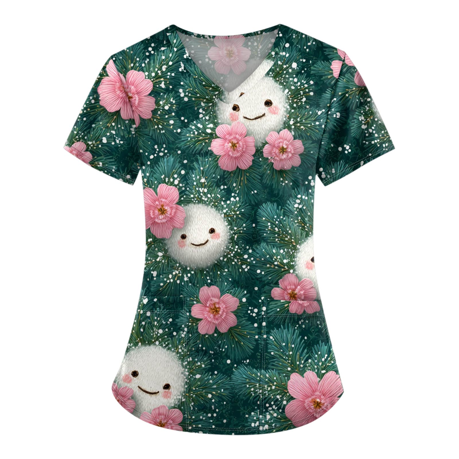 

Женские топы с короткими рукавами и v-образным вырезом с рождественским принтом, рабочая блузка с карманами M