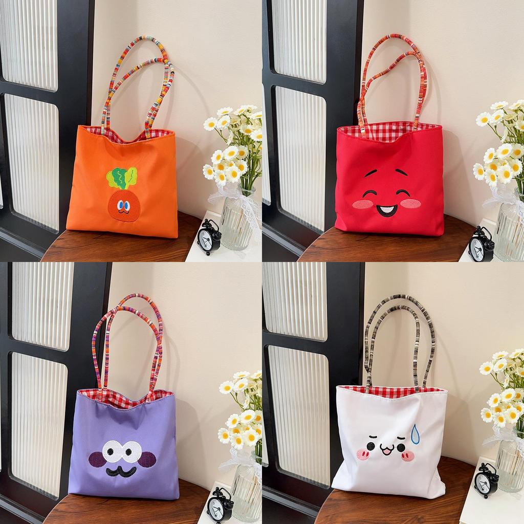 Canvas Bag For Women With Cartoon Embroidery Small Handheld Purse For Daily Use