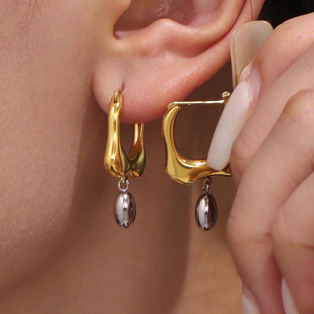 Qiong Yao Two-Tone Geometric Liquid Gold Earrings - High-End Colorfast Stainless Steel Jewelry