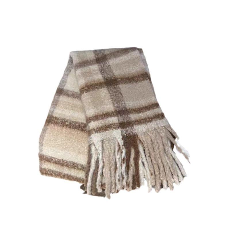 Mohair plaid scarf women's winter versatile tassel long thickened scarf retro contrasting color versatile shawl