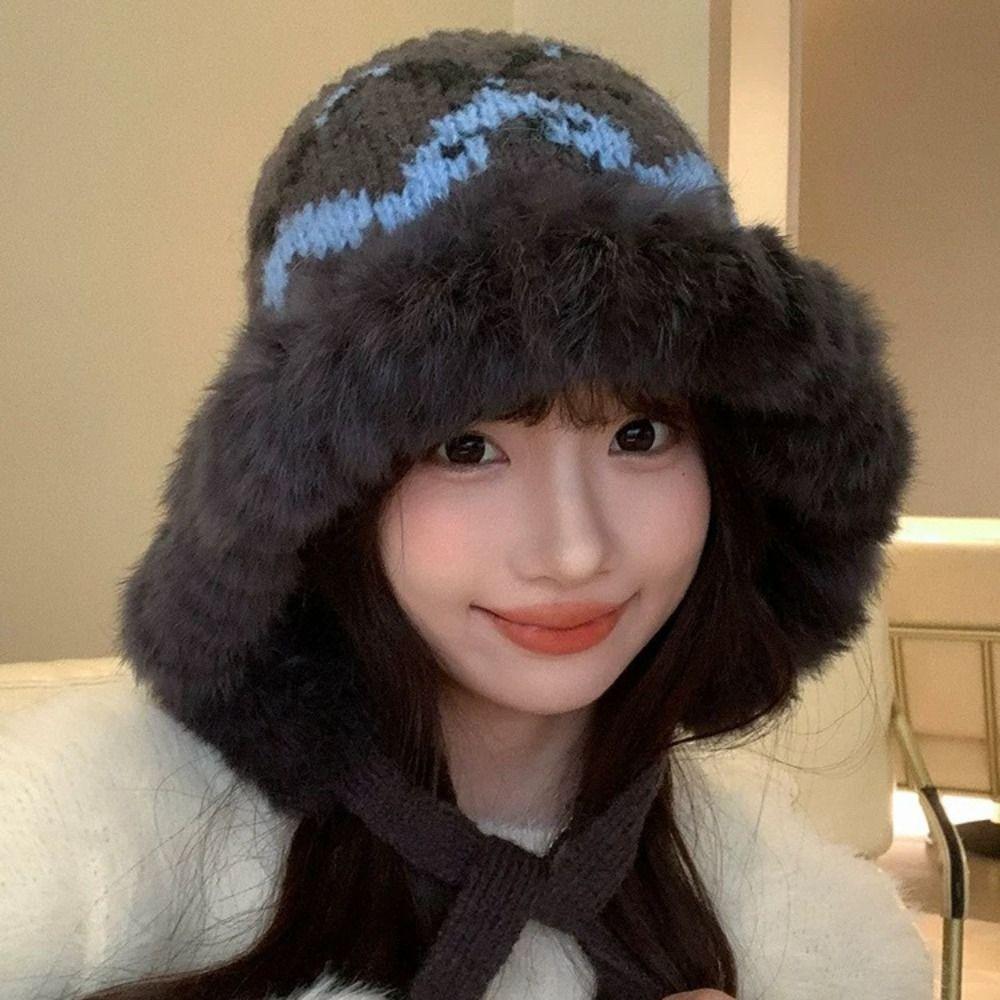 Windproof Faux Fur Lei Feng Hat Ethnic Style Pullover Beanie Hat Knitted Plush Hat Autumn Winter