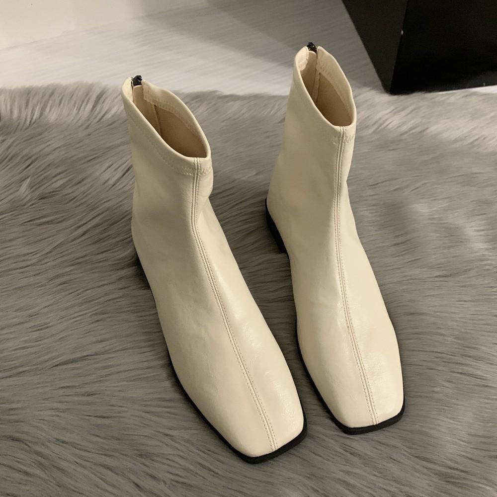 Autumn and winter new minimalist and comfortable square head versatile low-heeled Martin boots women's rear zipper flat-bottomed thin boots