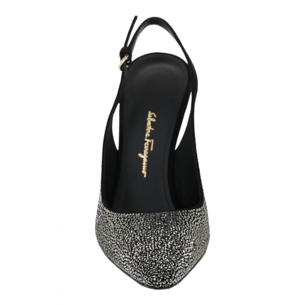 Salvatore Ferragamo Jessie Crystal Embellished Slingback Pumps Black