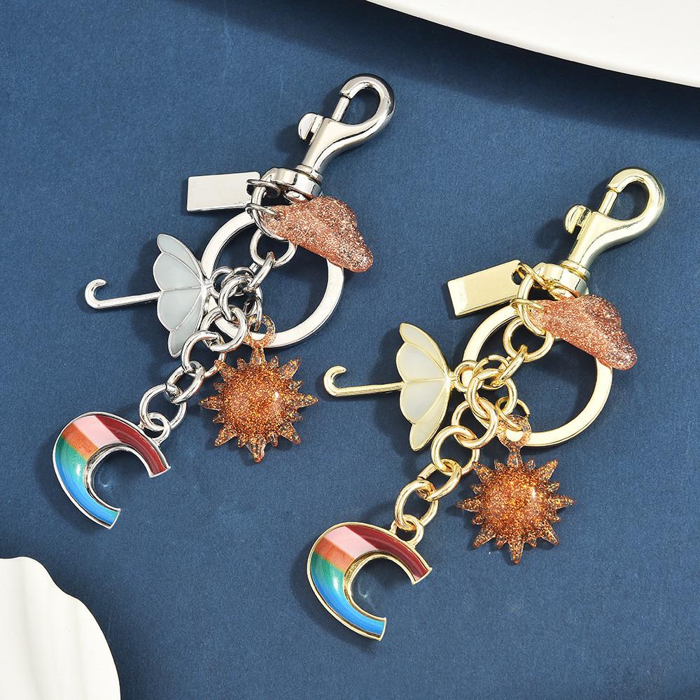 Rainbow Sun Umbrella Keychain With Metallic Finish For Fashionable Bag Decor