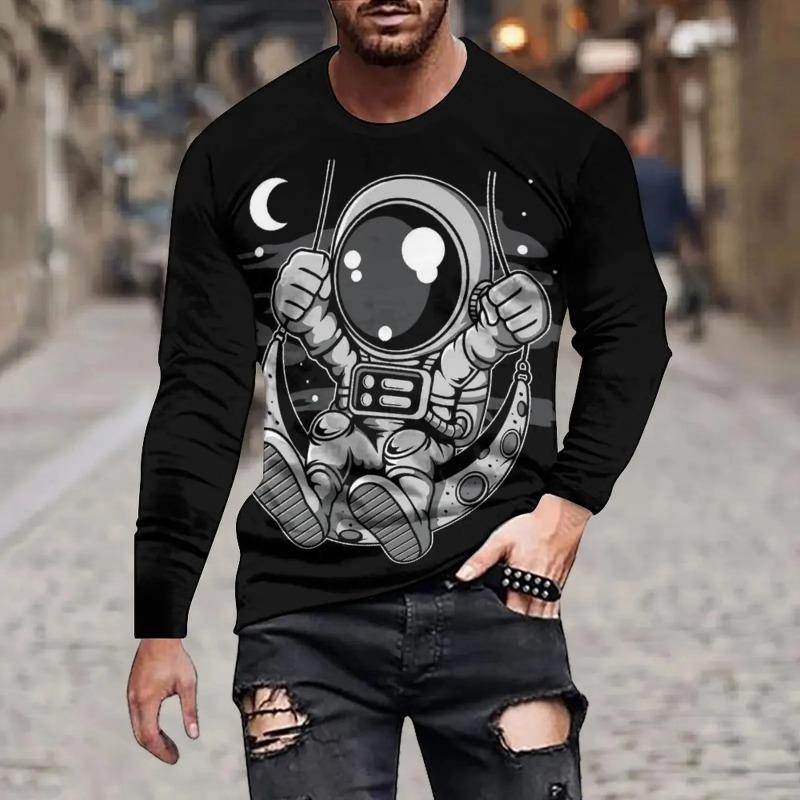 Street Personality Fashion Astronaut Fun Summer Men 3d Printed Crew Neck Long Sleeve Sleeve T-Shirt Loose Casual Clothing