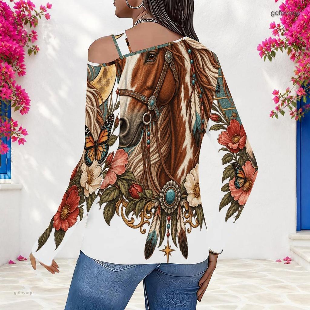 Women Plus Size Asymmetric Cutout Neck Cold Shoulder Long Sleeve Christmas Cowboy Boot Print Top
