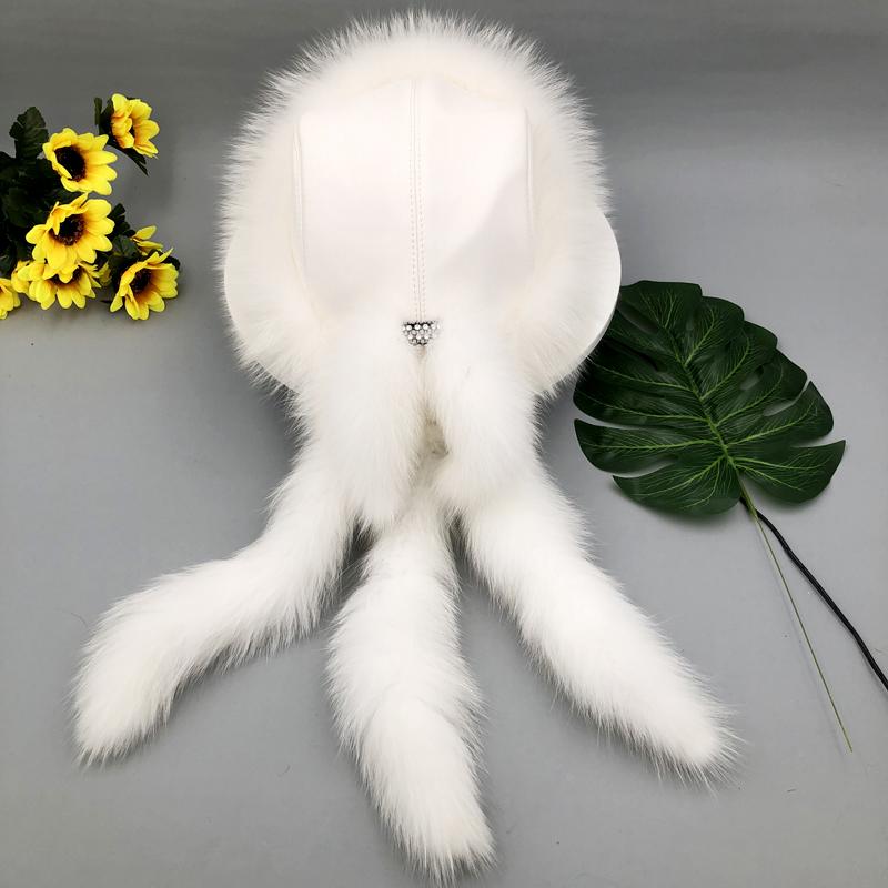 Winter Women Fox Fur Hat Fluffy Soviet Female Outdoor Warm Cap Snow Fur Hats 4 tails Real Sheep Skin Cold Bomber Hats