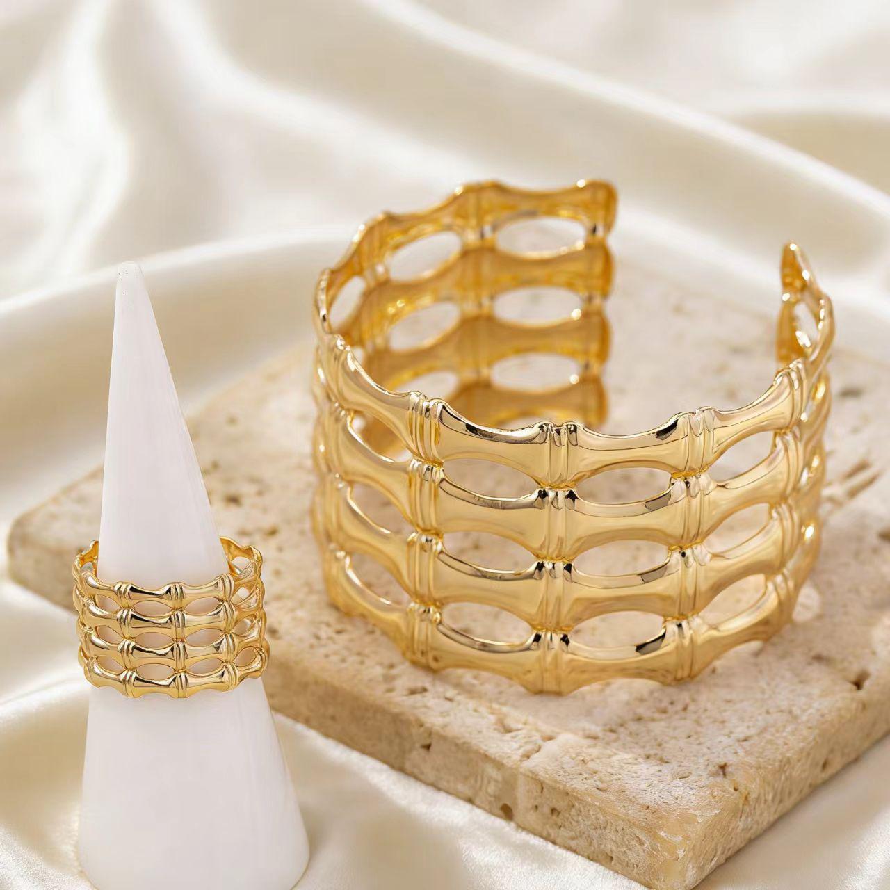 Геометрический Многослойный Бамбуковый Браслет и Кольцо для Женщин - Модный Широкий Набор Украшений золотой