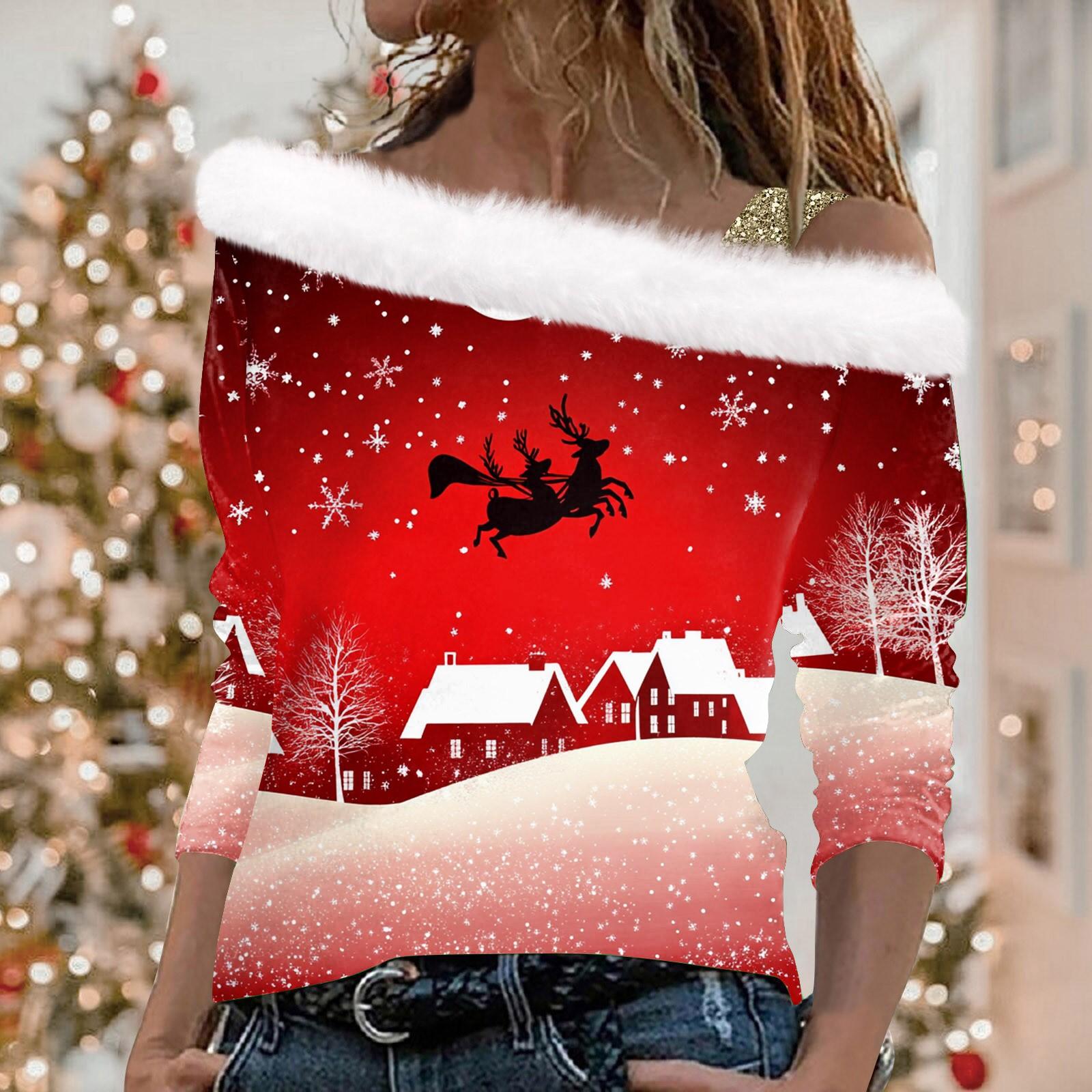 Женский повседневный модный топ с длинными рукавами и открытыми плечами с рождественским — фото 9
