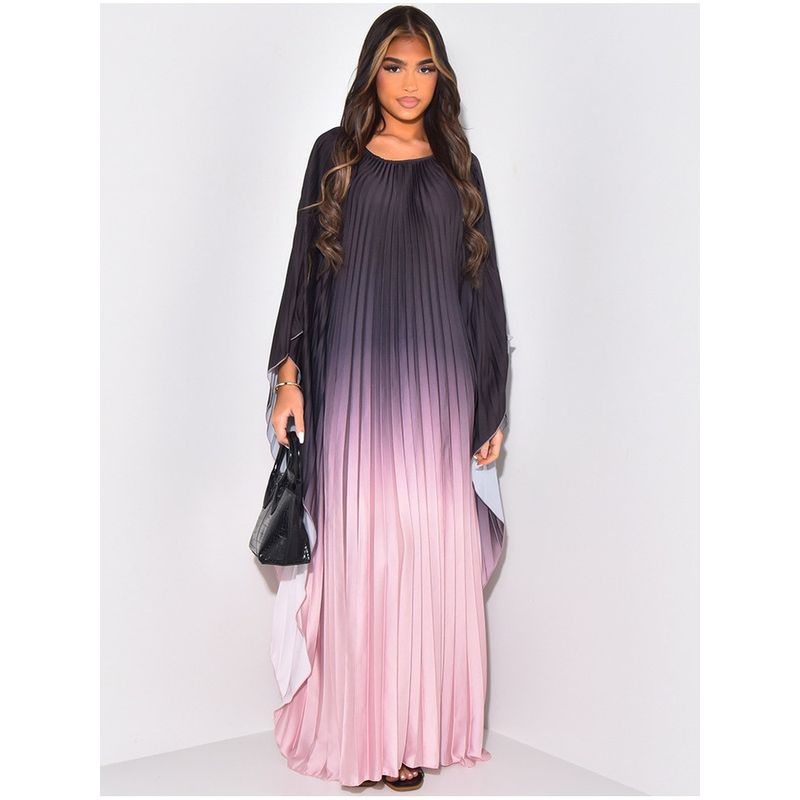 Amazon European and American Middle East Batwing Sleeve Women Summer Fashion Gradient Pleat Print Long round Neck Dress Dress