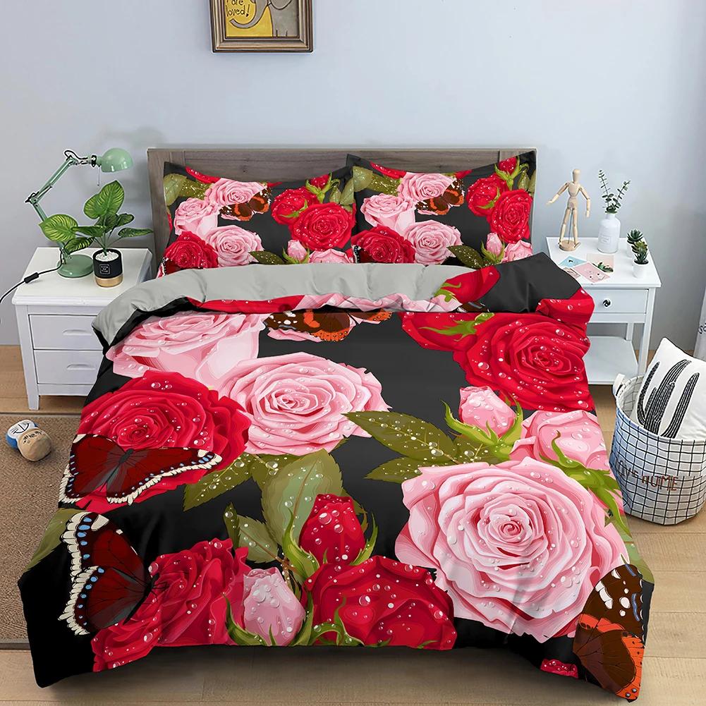 Rose Duvet Cover Floral Bouquet Botanical Comforter Cover Romantic Flower Bedding Set Valentine's Day Couple Lover Room Decor