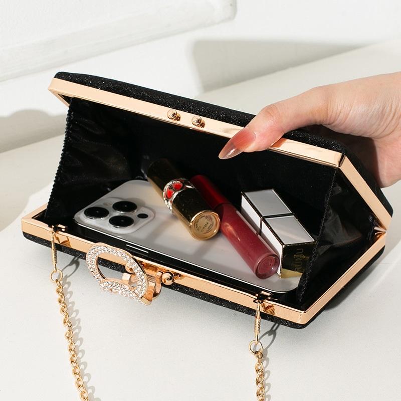 Elegant Solid Velvet Evening Clutch Rhinestone Decor Chain Handbag Luxury Formal Women Purse For Party Banquet