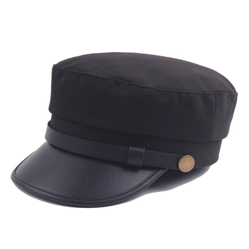 Military Cap Men Pu Leather Brim Flat Top Navy Cap Women Casual Trendy Beret Men's Hats For Casual Vintage Autumn Winter