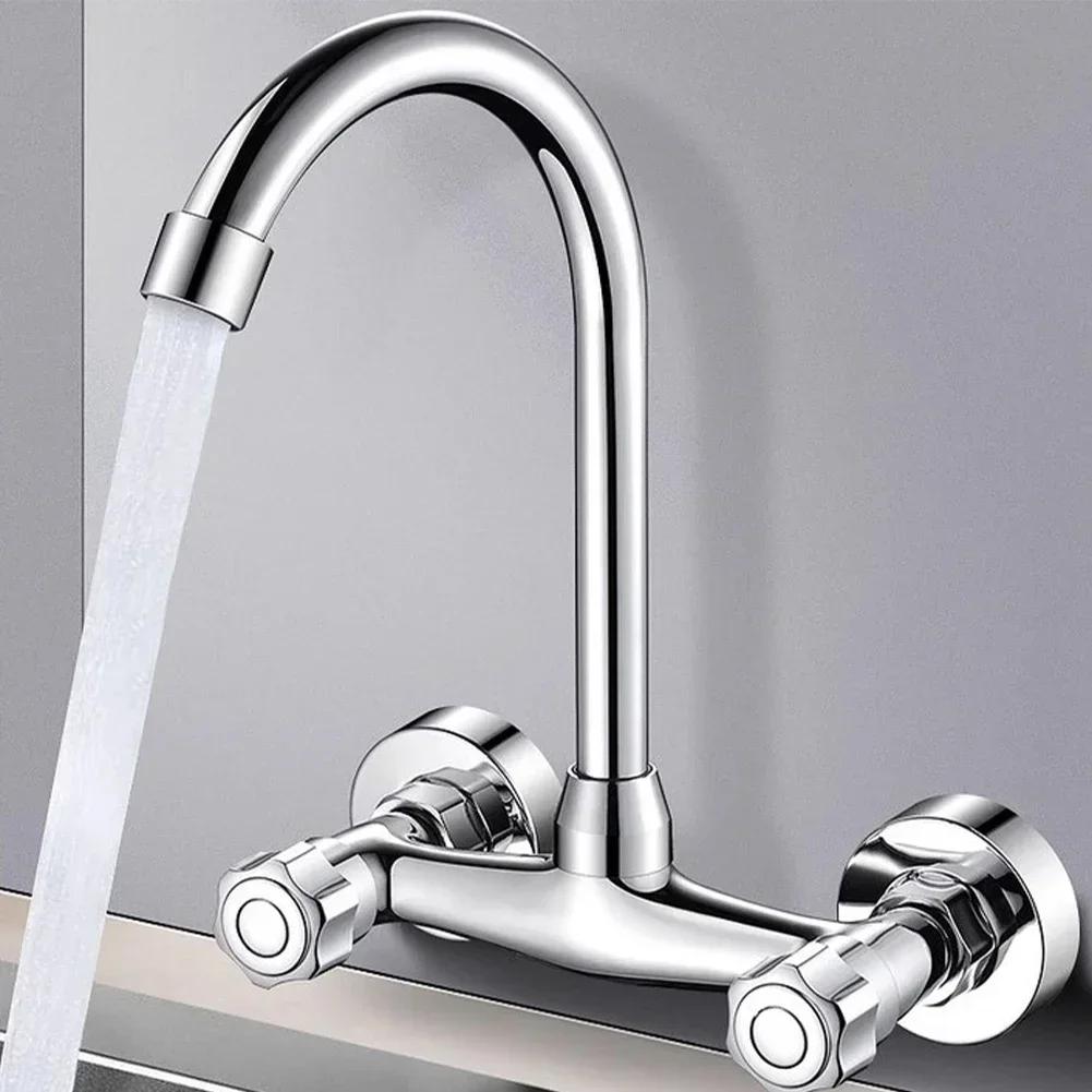 Kitchen Faucet Wall Mounted Brass Sink Faucet Mixer 360 Degree Swivel Double Hole Bathroom Hot And Cold Mixing Valve Tap