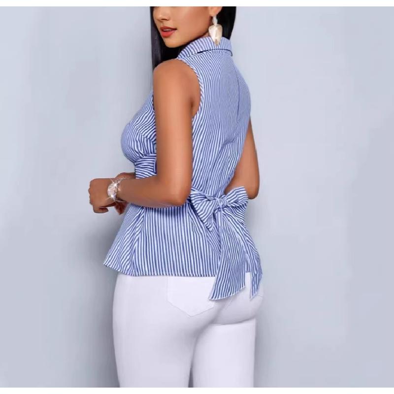 Women's new striped sleeveless blue shirt summer tie-waist tank top