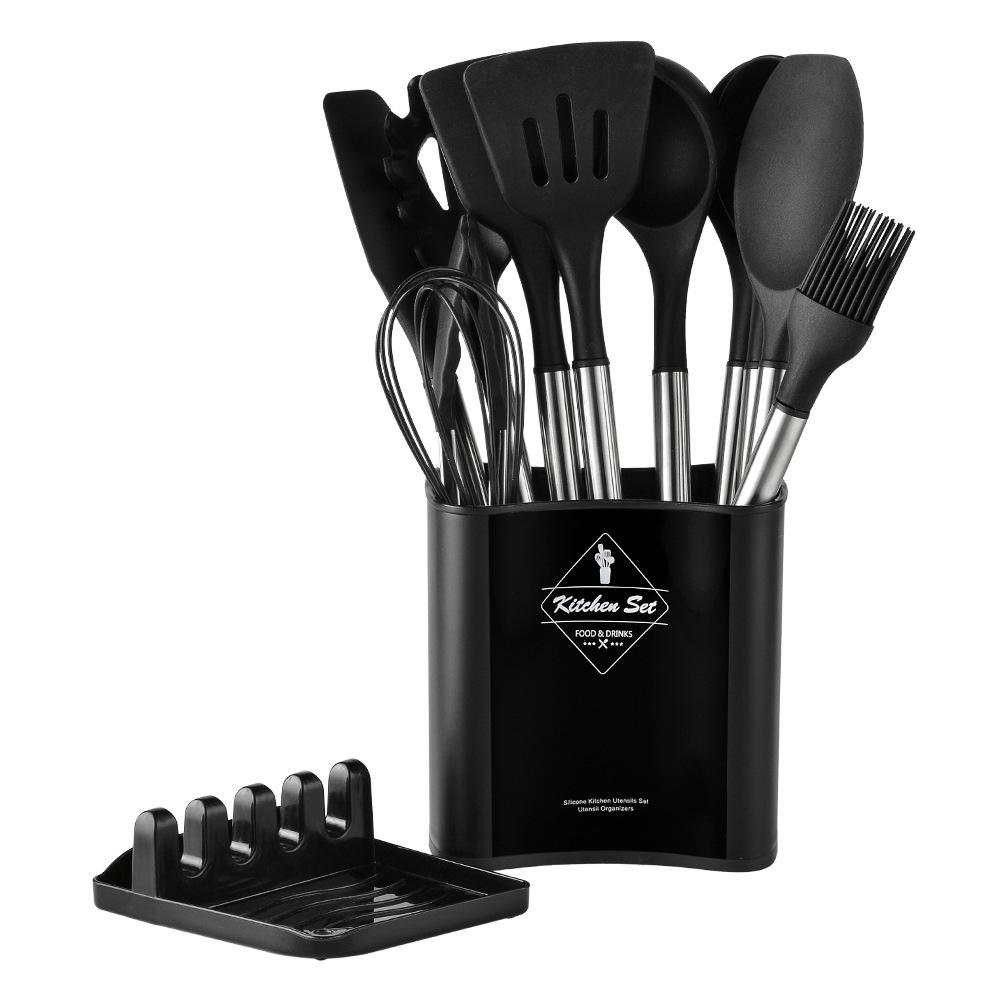 13-Piece Stainless Steel Handle Silicone Kitchen Tools Set - Non-stick Frying Pan, Spatula, Spoon, and More