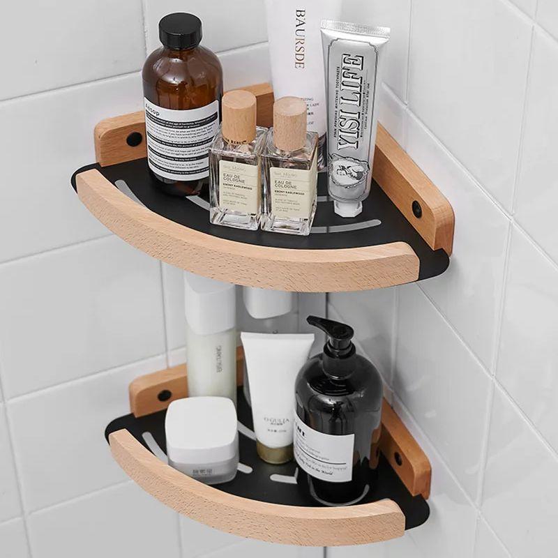 Wood Bathroom Shelving Shampoo Shower Storage Rack Triangular Shelving Wall Mounted Bathroom Corner Shelf Aluminum Brushed gold