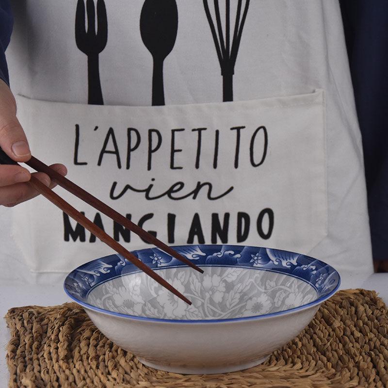 4-Piece 8-Inch Ceramic Noodle Bowls: Underglaze Blue and White Porcelain Conical Soup Bowls, Household Tableware.