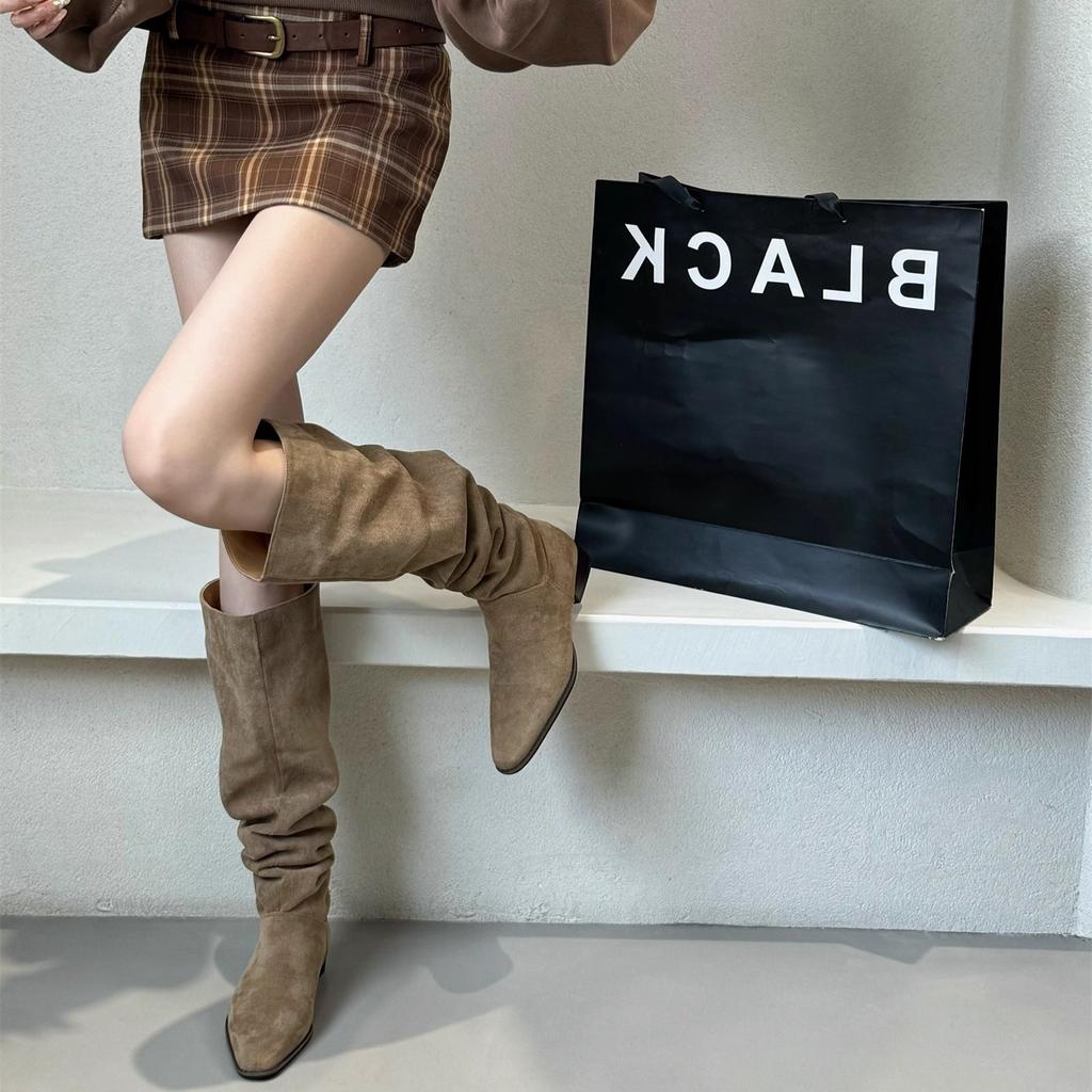 Coarse Heel Suede Over Knee Boots Pile Boots Women's Shoes 2025 Fall/Winter Khaki Skinny Boots Knight Boots