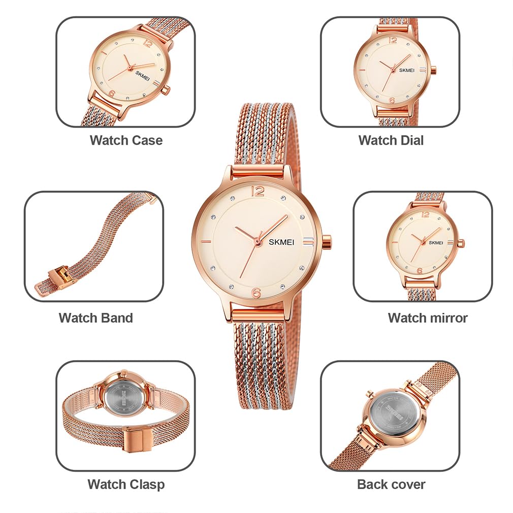SKMEI Quartz Mesh Stainless Rose Watch Women's Wristwatch, Simple, Ultra-Thin Movement, Stylish, Waterproof, Business, Strap, Steel, White, Gold,