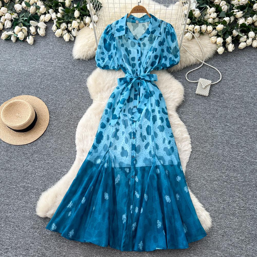 Robe Mi-Longue Imprimé Léopard Style Designer pour Femme Décontractée Coupe Ample avec Manches Bouffantes Liens à Nouer Robe Longue en Mousseline