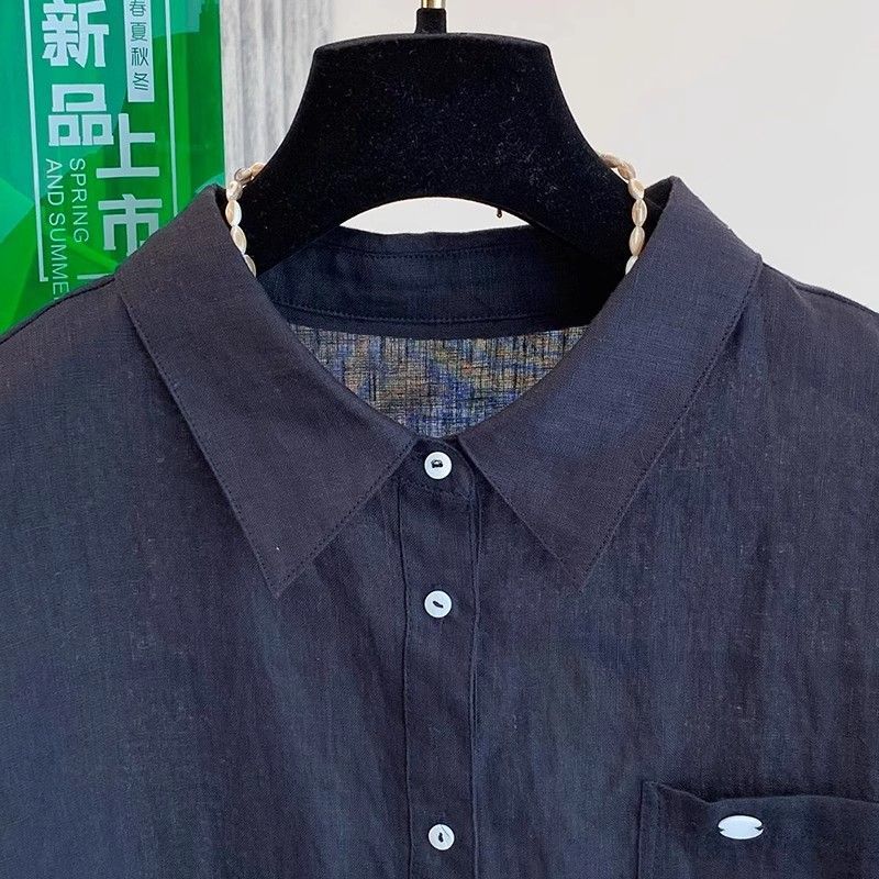 Women's Polo Collar Short Sleeve Linen Blend Shirt Loose Fit Vintage Casual Blouse For Summer Daily Wear Pocket Button Down Solid Color Top