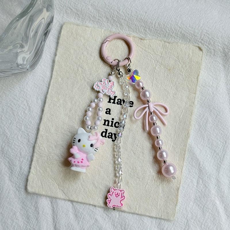 2025 The New Hot-selling Cute Cartoon Kt Cat Beaded Mobile Phone Pendant Fashion Pink Small and Exquisite Bag Pendant