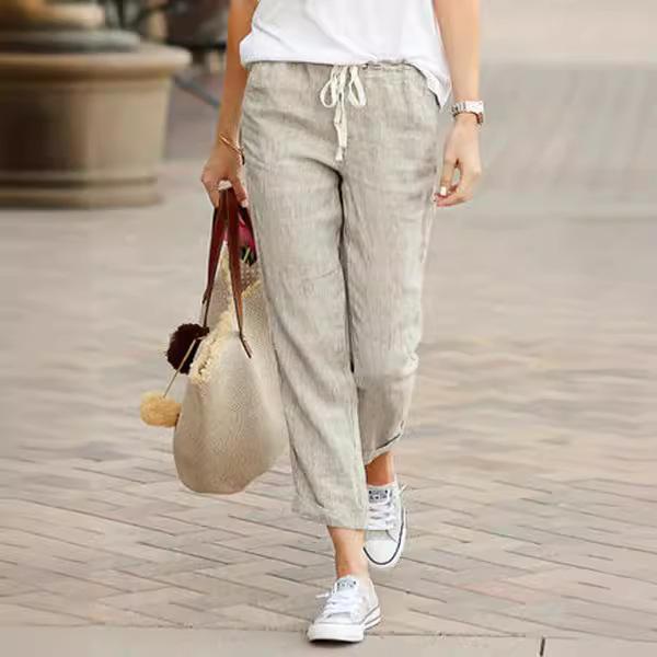 Fashion Solid Color Loose Pants Casual Drawstring Elastic Waist Trousers Cotton and Linen Jogger Pants for Womens