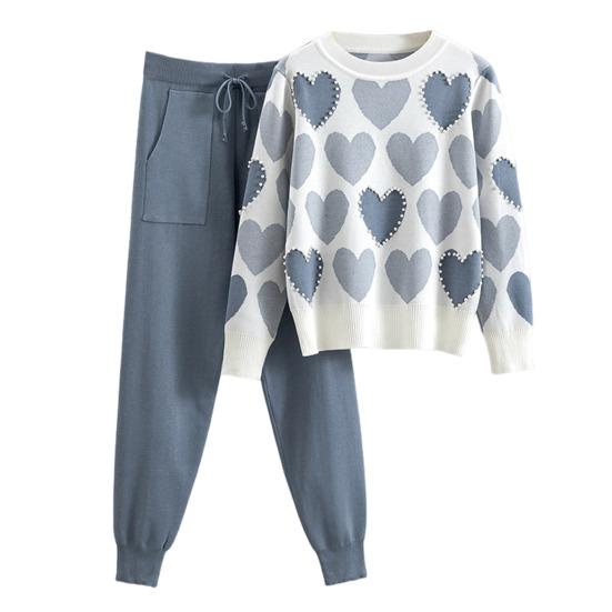 Set 2 Pezzi/Set Donna Top Pantaloni Set Stampa Cuore Decorazione Perline Girocollo Maniche Lunghe Felpa Vita Elastica Pantaloni alla Caviglia con Elastico Outfit Sportivo Autunno