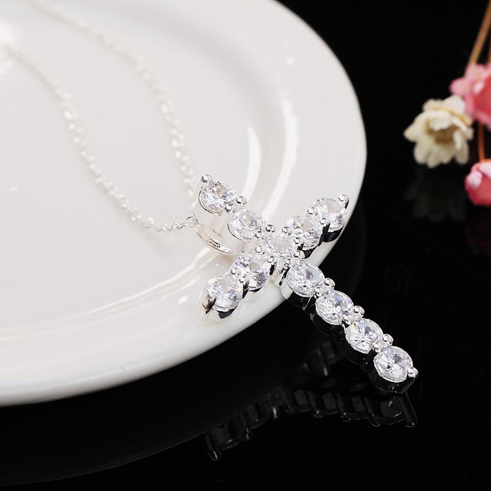 Women Fashion Shiny Zircon The Cross Pendant Long Necklace Link Chain Jewelry
