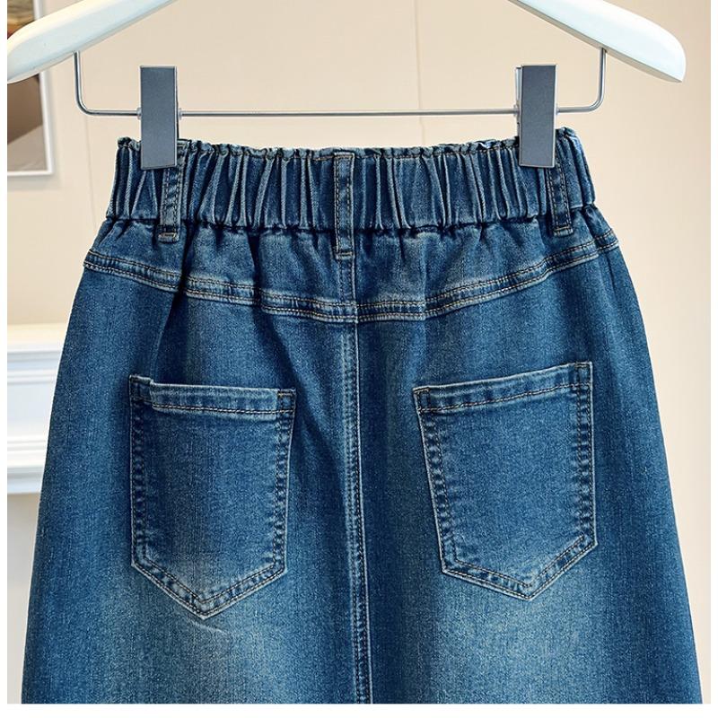 DIMANAF 2026 Autumn New Plus Size Women Denim Skirt Elastic Waist A-Line Long Skirt Fashion Lady Bottoms Beading Blue