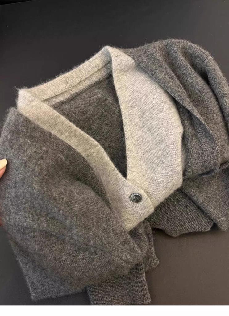 2025 Women's V-Neck Grey Color Block Wool Cardigan - Layered Two-Piece Knitwear for Early Autumn