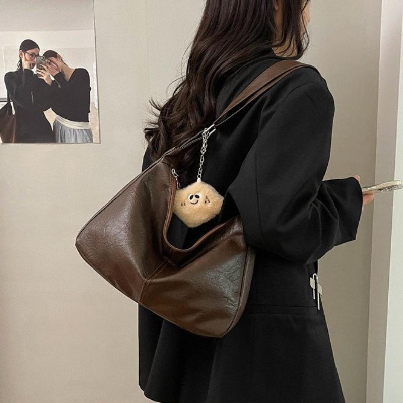 PU Leather Commuter Fashi Vintage Casual Tote Bag Maillard Stylish Crossbody Bags for Women Texture Large Capacity Temperament