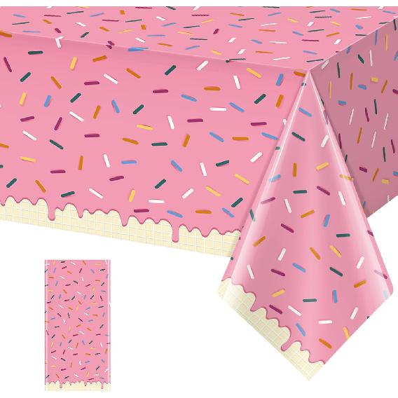 3Pcs Sprinkle Donut Tablecloth, Pink Ice Cream Table Cloth Disposable Plastic Rectangle Table Covers for Baby Girl Sweet One Birthday Donut Grow Up
