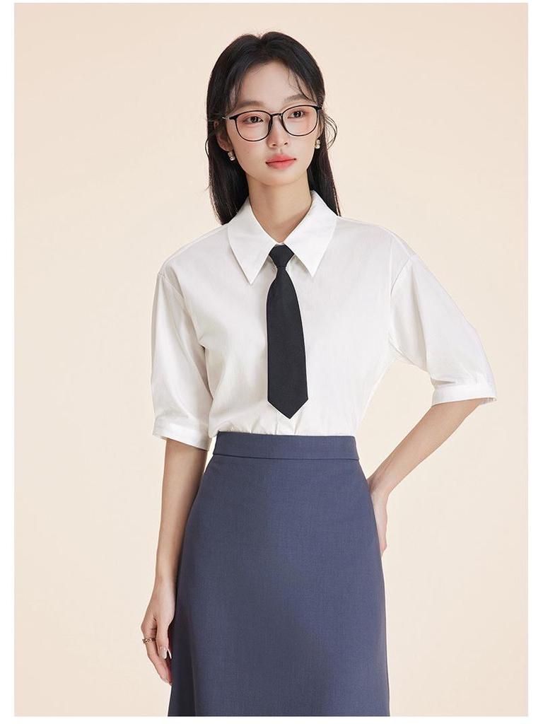 Women's Short-Sleeve White Wrinkle-Resistant Professional Shirt and Suit Dress Set for Work or Interviews