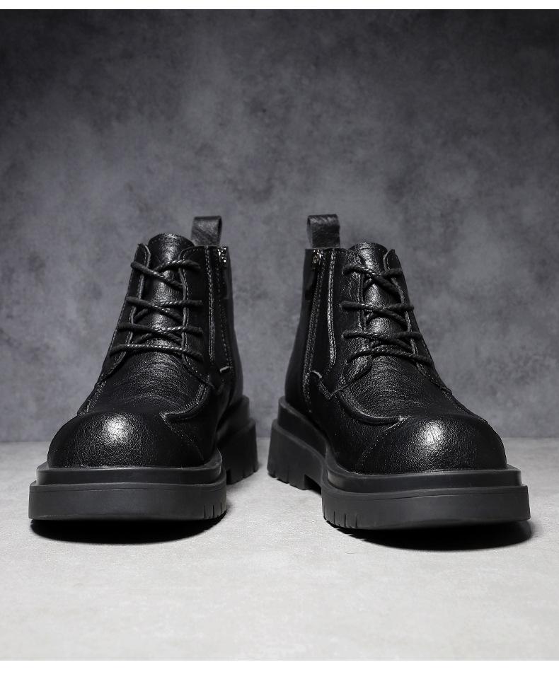 Men's Cowhide Lace-up Martin Boots - Winter Thick Sole, Outdoor Casual, Height-increasing Mid-top Work Shoes