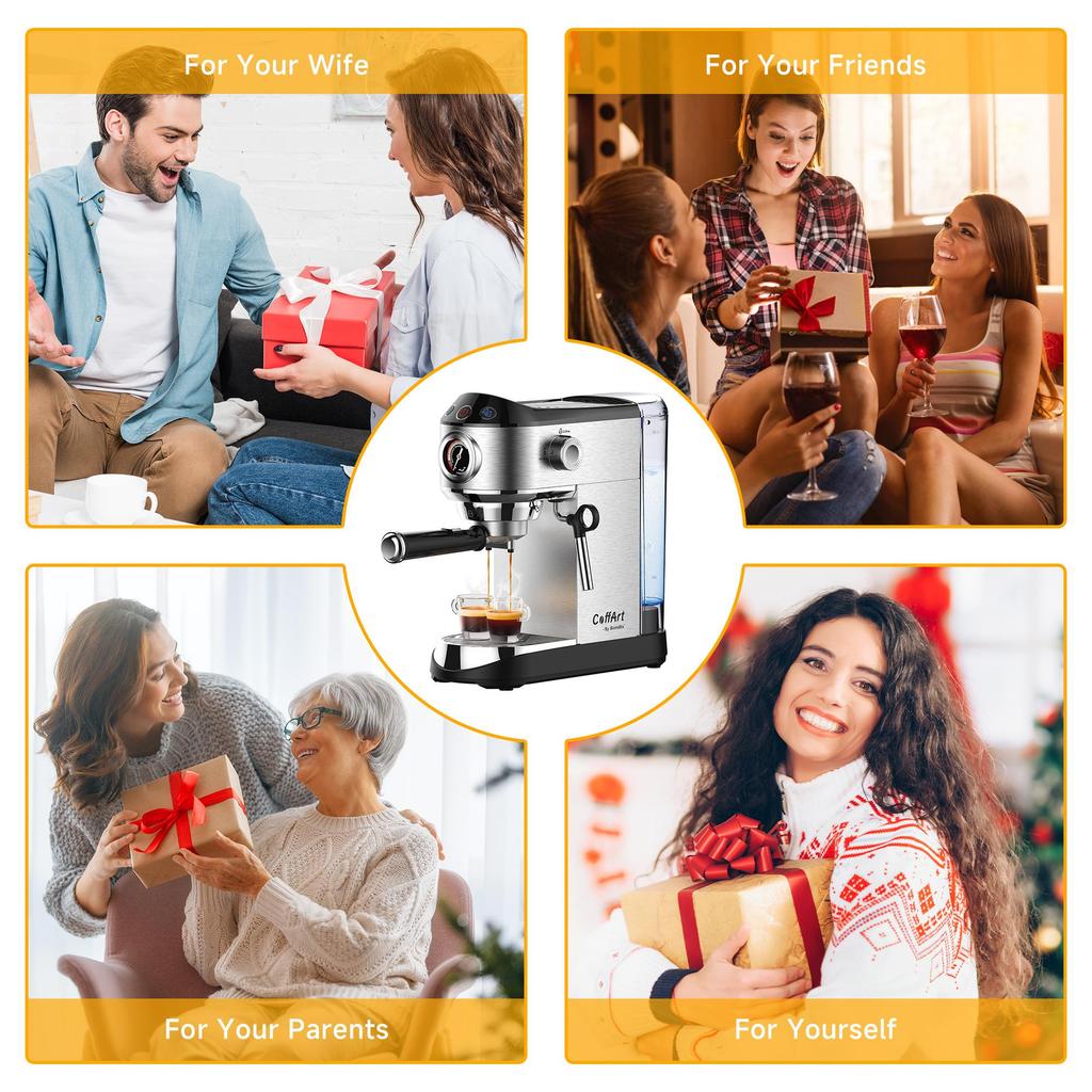 Biolomix 7008 Stainless Steel Espresso Coffee Machine,20Bar Pressure,1450W,Pressure Gauge,Milk Frother Steam Wand,Tank for Home Latte Cappuccino