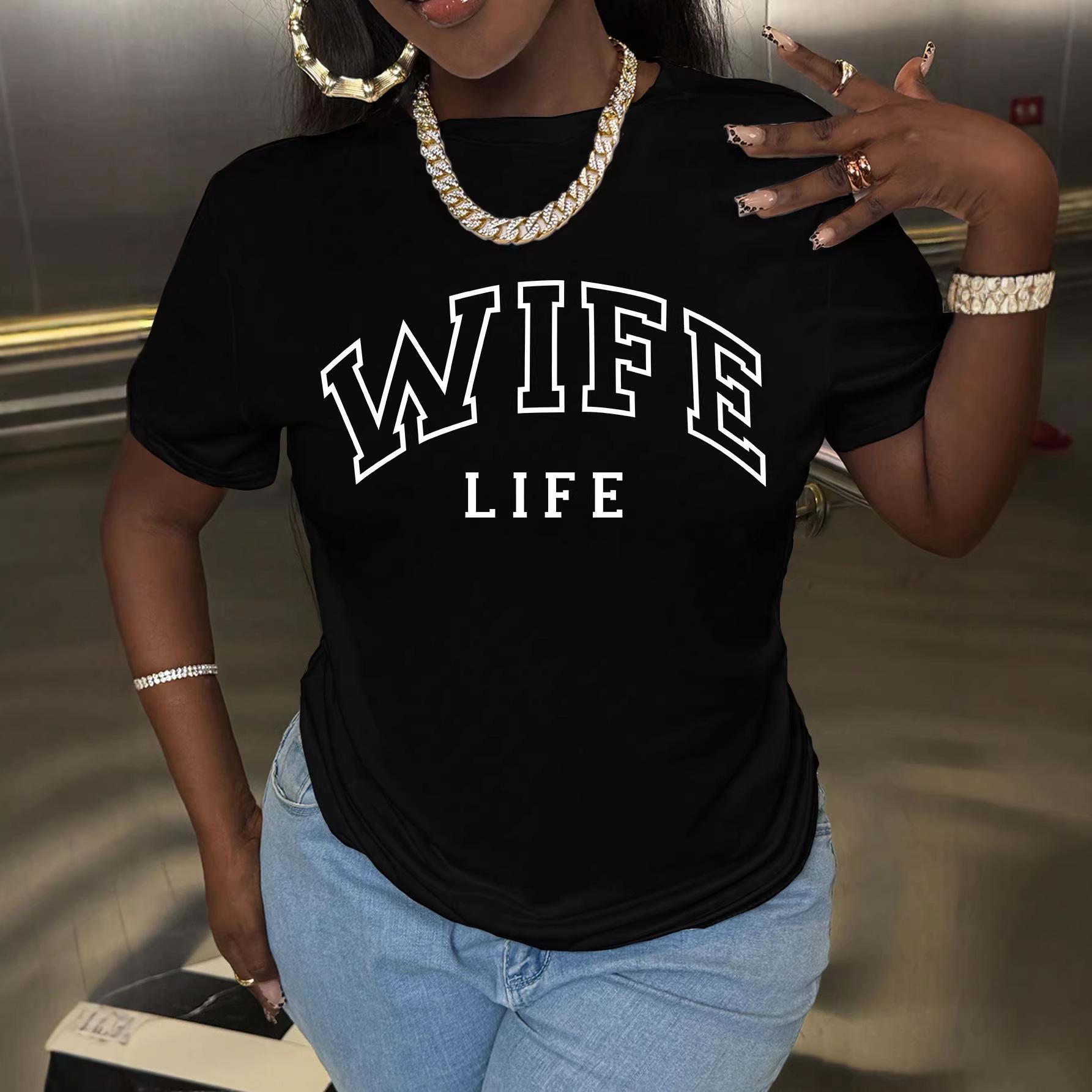 Women s Spring/Summer 2026 Casual WIFE Print Round Neck T-Shirt L чёрный