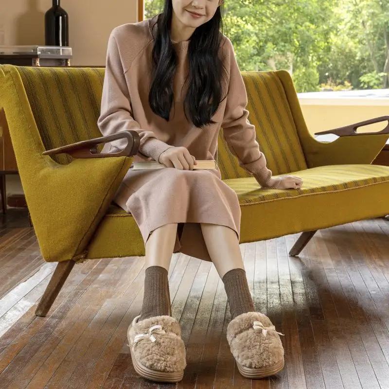 Fashion Platform Fluffy Slippers Women House Flats Cute Bowknot Designer Winter Shoes Girls Fashion Plush Casual Footwear Elegant Indoor