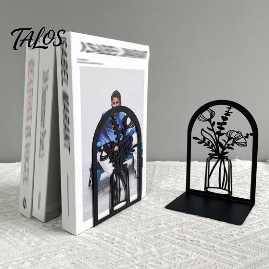 Office Desk Organizer 1 Pair Flower Metal Bookends, Decorative Vase Book Ends for Artistic Bookend Shelves, Black Holder Stopper Home Reading
