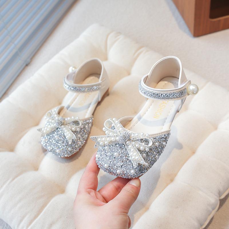 Girls princess shoes spring and summer new children's leather shoes little girl little princess silver soft-soled bow shoes