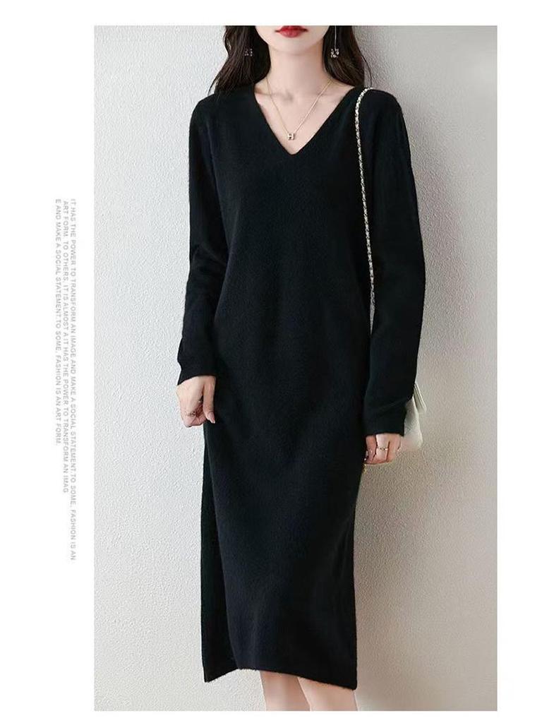 2025 Herbst/Winter Damen Woll V-Ausschnitt Knielanges Pulloverkleid mit Schlitz