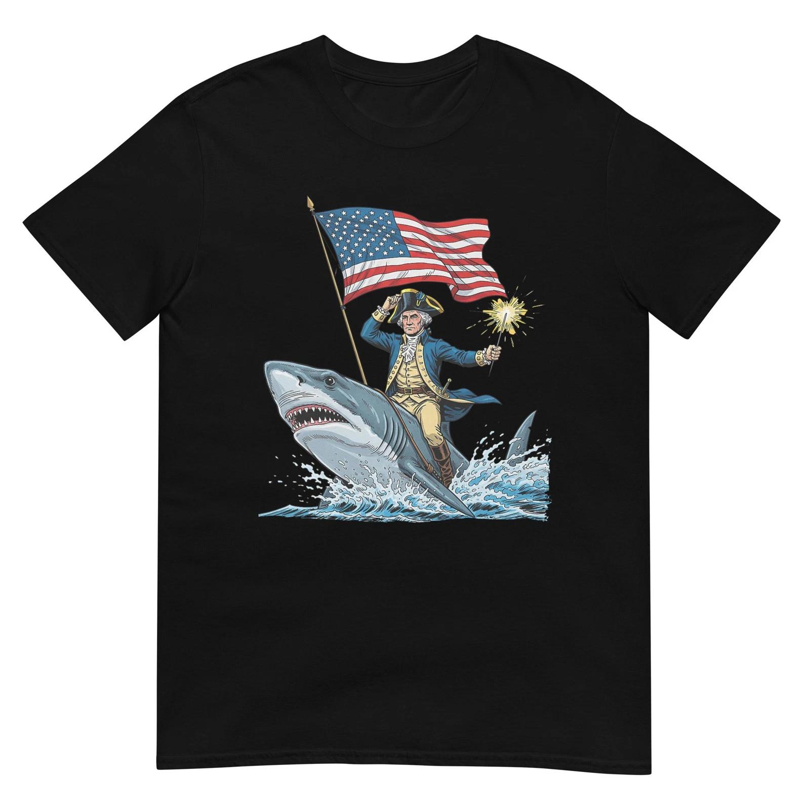 George Washington Riding Shark Funny July 4th American Flag T-Shirt S