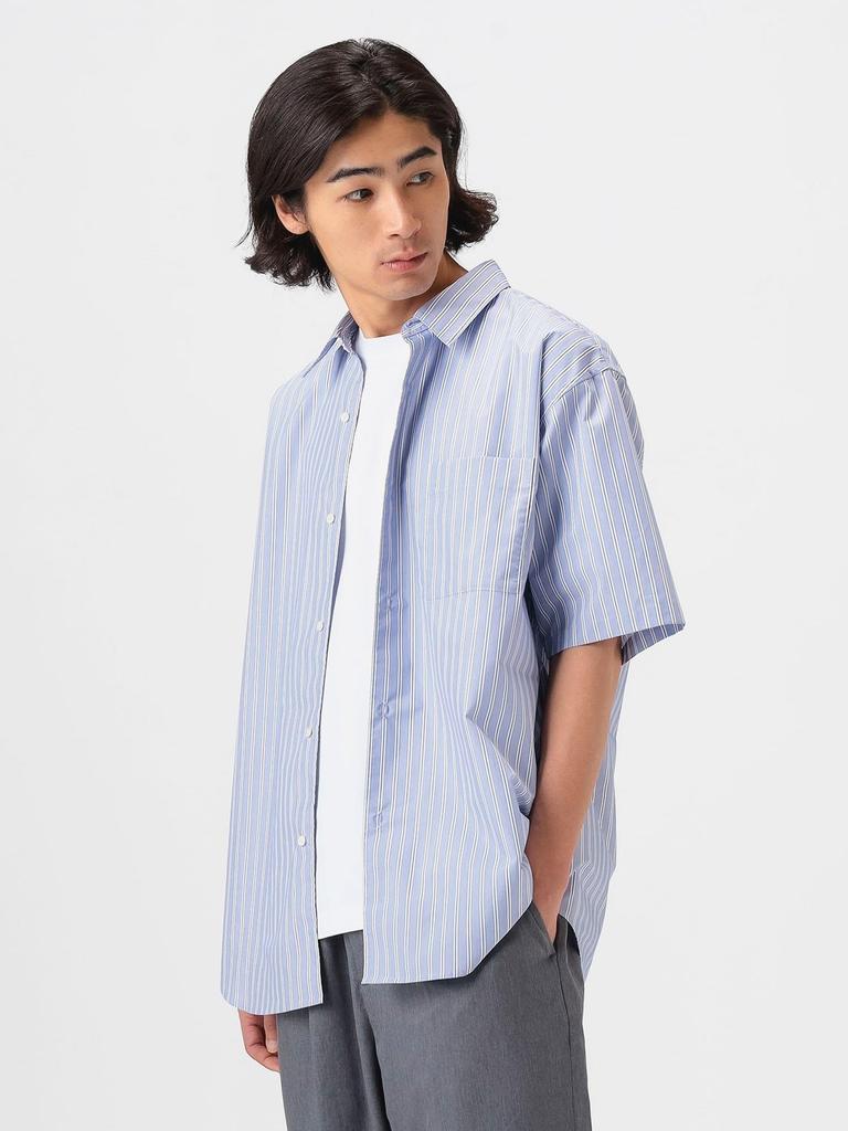 B:MING LIFE STORE by BEAMS Men's Short Sleeve Shirt, Polyester Broadcloth, Size M, BLUE_STRIPE