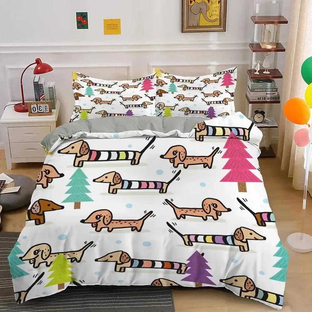 Dachshund Duvet Cover Set Cartoon Puppy Ultra Soft Breathable Comforter Cover With Zipper Adults And Kids Dog Queen King Bedding