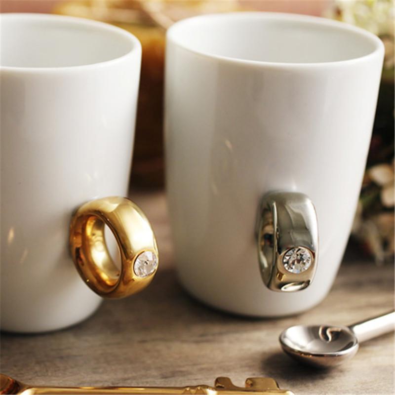 Creative Wedding Gifts Lovers Couple Cartoon Elegant Crystal Diamond Ring Mugs White Ceramic Cute Water Coffee Mug Drinkware